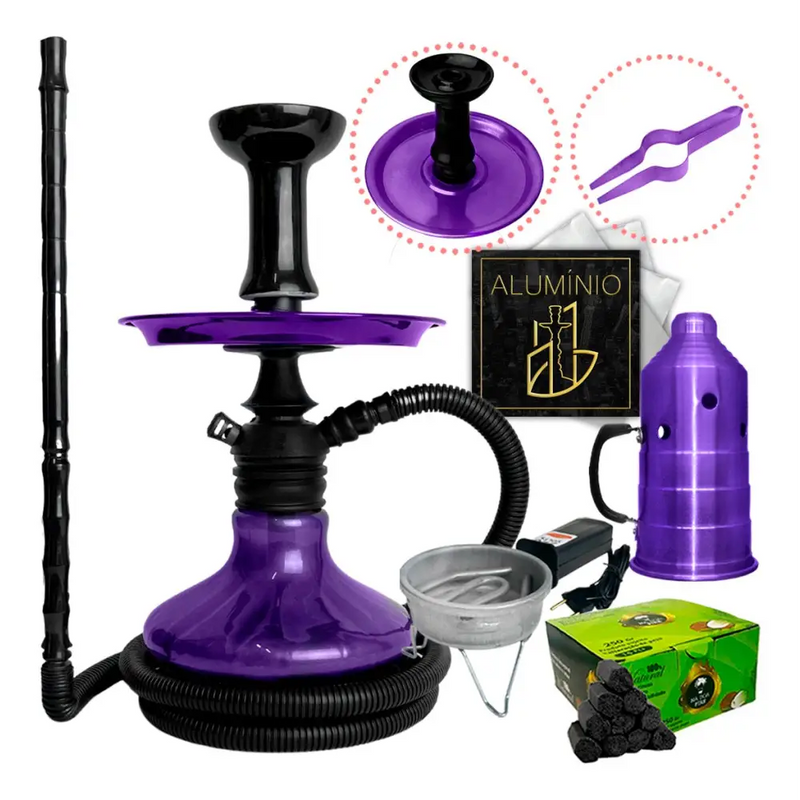 Narguile Completo Black Hookah Carvão Fogareiro Aluminio